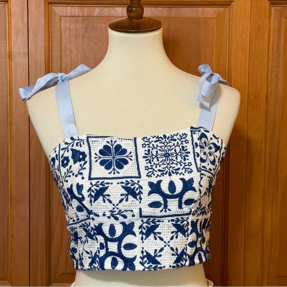 Anthropologie Maeve Blue and White Embroidered Tile Print Skirt & Crop Top Set - Picture 3 of 16